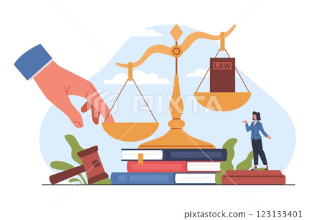 Unlawful influence on judicial process. Justice scales and wooden judge gavel, illegal authority and corruption. Judgment system. Criminal legislation cartoon flat isolated vector concept 123133401