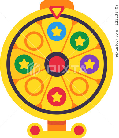Spinning wheel of fortune, featuring vibrant sections and shining stars represents the excitement of gambling and the thrill of winning prizes in games of chance and luck Spinning wheel of fortune, featuring vibrant sections and shining stars represents the excitement of gambling and the thrill of winning prizes in games of chance and luck 123133405