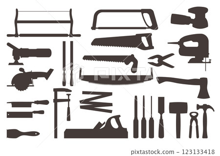 Woodworking tool black silhouette set. Stickers collection. Professional equipment for carpenter working. Axe and hammer. Logo, emblem or badge graphic design vector isolated illustration 123133418