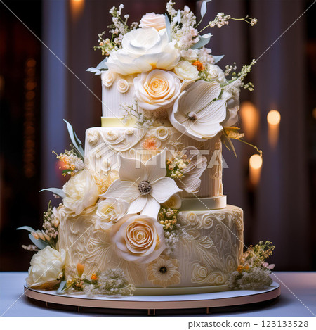 Elegant Floral Cake with Intricate Decorations Elegant Floral Cake with Intricate Decorations 123133528