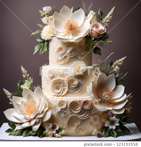 Elegant Floral Cake with Intricate Decorations 123133558