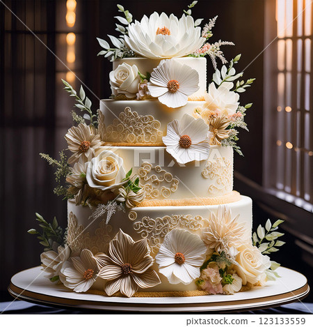 Elegant Floral Cake with Intricate Decorations 123133559