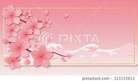 Illustration of pink cherry blossoms and seigaiha wave pattern Illustration of pink cherry blossoms and seigaiha wave pattern 123133613
