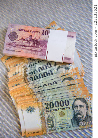 Mixed denomination forint currency notes in Hungary. 123133621