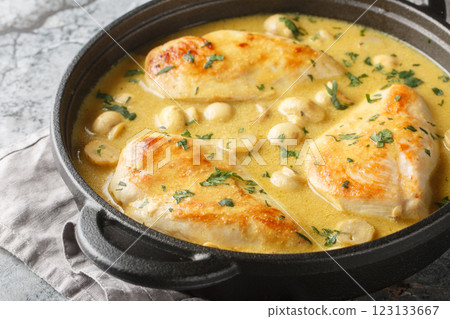 Tasty Chicken Diane with creamy brandy sauce and mushrooms closeup in the skillet. Horizontal 123133667