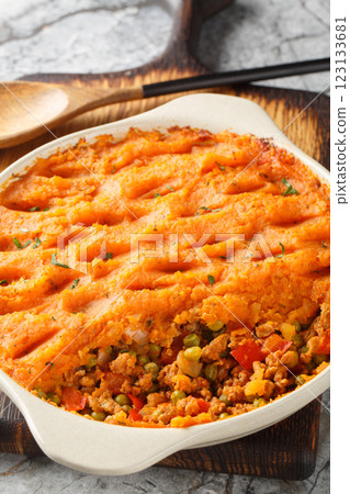 Healthy shepherd's pie made with ground meat, vegetables and topped with a layer of fluffy mashed sweet potatoes closeup on the baking dish. Vertical Healthy shepherd's pie made with ground meat, vegetables and topped with a layer of fluffy mashed sweet potatoes closeup on the baking dish. Vertical 123133681