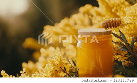 Mimosa honey, mimosa blooming, artisanal honey 123133759