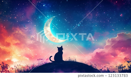 Silhouette of a Cat Sitting on a Crescent Moon 123133783