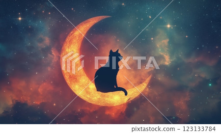 Silhouette of a Cat Sitting on a Crescent Moon 123133784