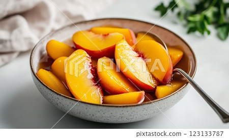 Sliced peaches in syrup served in a bowl on a clean white surface 123133787