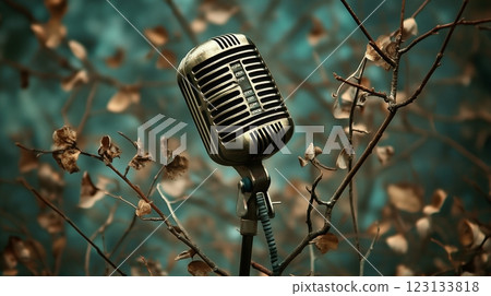 Vintage Microphone in Recording Studio - Graphic Sound Waves 123133818