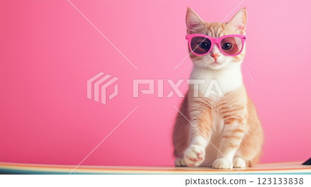 A cool cat with pink sunglasses sits on a surfboard 123133838