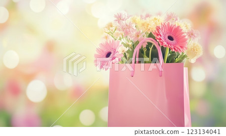 Pink shopping bag with flowers on blurred background 123134041