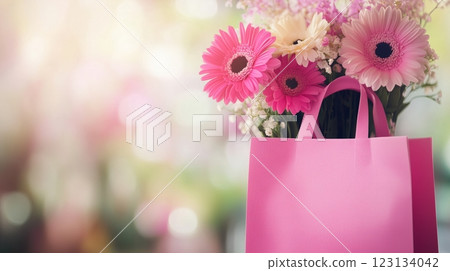 Pink shopping bag with flowers on blurred background 123134042