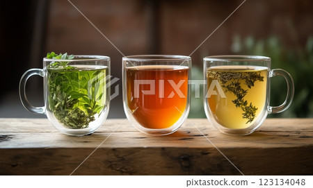 row of three different herbal teas 3 different herbal teas 123134048