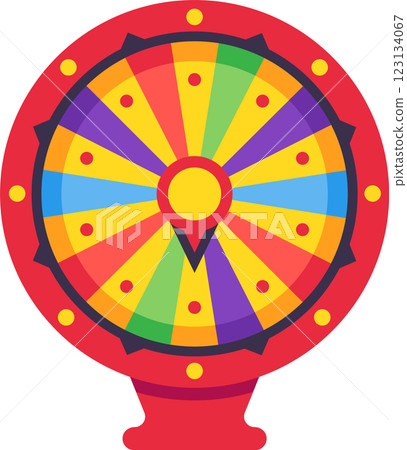 Fortune wheel spinning with many colored segments and a yellow pointer indicating winning options, creating excitement and anticipation for games, raffles, or contests Fortune wheel spinning with many colored segments and a yellow pointer indicating winning options, creating excitement and anticipation for games, raffles, or contests 123134067