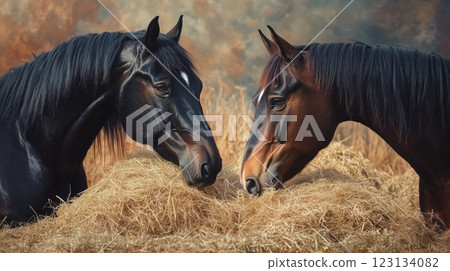 2 horses eat hay. Black and chestnut horses eat hay 123134082