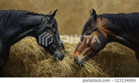 2 horses eat hay. Black and chestnut horses eat hay 123134084