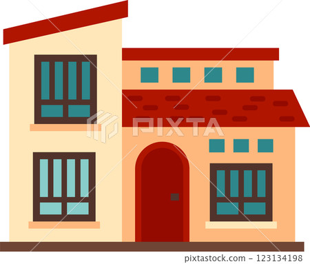 Charming two story house stands out with its red tiled roof, arched wooden door, and multiple windows, evoking a warm and inviting atmosphere Charming two story house stands out with its red tiled roof, arched wooden door, and multiple windows, evoking a warm and inviting atmosphere 123134198