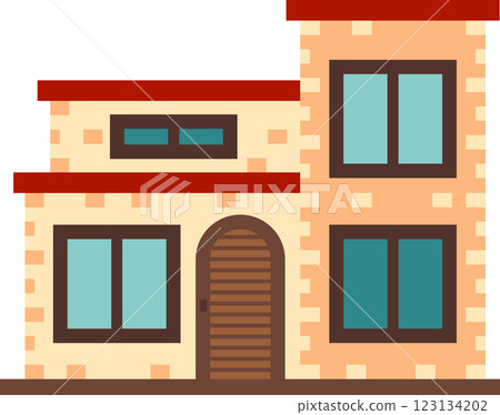 Two story house featuring a red roof, wooden door, and multiple windows, embodying classic residential design with a warm, inviting aesthetic 123134202