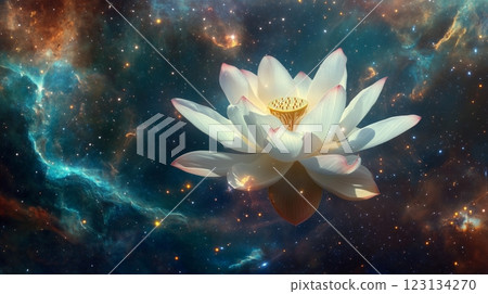 The image shows a white lotus flower floating in a cosmic space 123134270