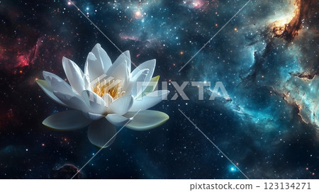 The image shows a white lotus flower floating in a cosmic space 123134271