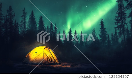 A glowing yellow camping tent at the edge of a dense, dark forest 123134307