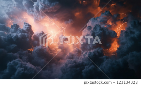 A thunderstorm with thick clouds lightning and a black sky 123134328
