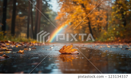 A wet road bears a solitary leaf In the backdrop 123134337