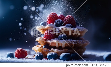Stack of waffles with blueberries and raspberries 123134420