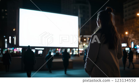 Woman stands looking at white empty shining advertising billboard on city street at night 123134550