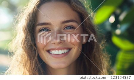 Close-up portrait of happy young woman smiles with healthy clean skin surrounded by green plants 123134587