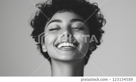 close-up aesthetic portrait of happy young woman smiles with healthy clean skin, natural beauty 123134589