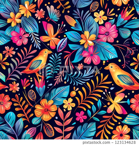 Seamless picture of lush leaves lively flower and exotic birds in a rich painterly style. 123134628