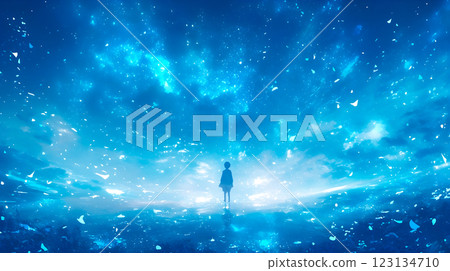 一個人站在發出藍光的神秘空間中的輪廓插圖 123134710