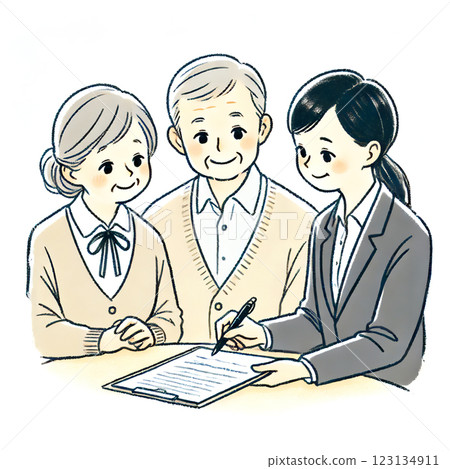 一對老年夫婦正在與一位穿西裝的女士進行諮詢 一對老年夫婦正在與一位穿西裝的女士進行諮詢 123134911