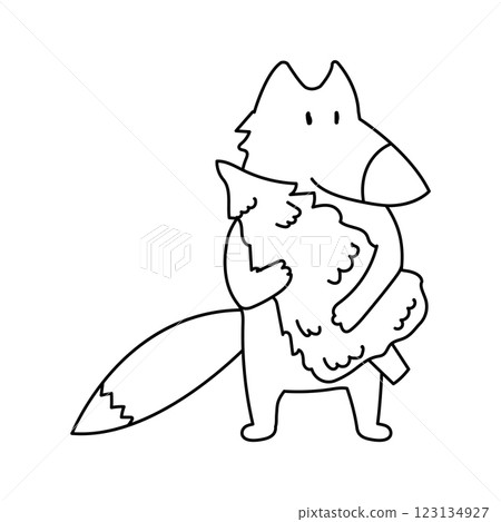 A coloring page illustration of a fox holding a small Christmas tree. Black and white forest animal. A coloring page illustration of a fox holding a small Christmas tree. Black and white forest animal. 123134927