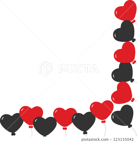 Red and Black Heart shaped balloons on rope Corner Frame border Greeting Copy space Template idea 123135042