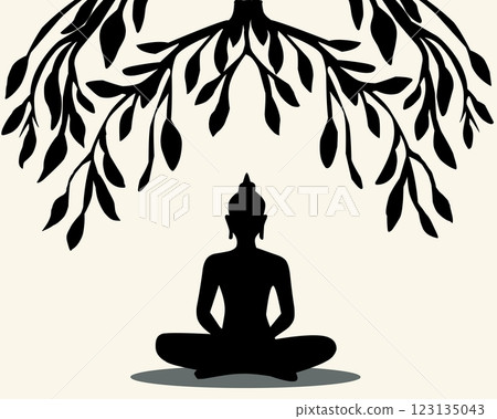 Silhouette of a meditating Buddha under a Bodhi tree. A peaceful and spiritual vector illustration, perfect for meditation, yoga, and Buddhist themes 123135043
