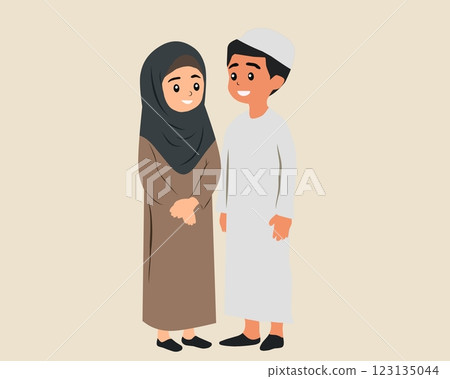 Happy Muslim couple in traditional attire, smiling and standing together. A charming Islamic vector illustration, ideal for family, Ramadan, or cultural themes Happy Muslim couple in traditional attire, smiling and standing together. A charming Islamic vector illustration, ideal for family, Ramadan, or cultural themes 123135044