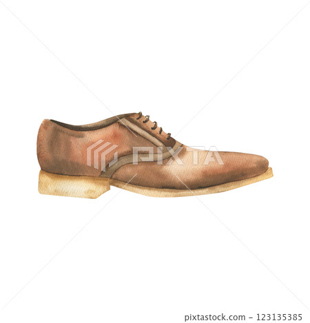 Leather men brown shoe watercolor illustration. Male classic office shoe clipart, hand drawn boot painting, wear for foot. For poster, label, logo, birthday card, invitation design 123135385