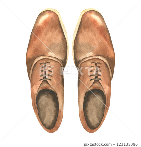 Pair of leather male boots watercolor illustration. Hand drawn gentlemen style shoes, brown foot wear clipart, man classic hipster boot for shop, product packing ,accessories design. 123135386