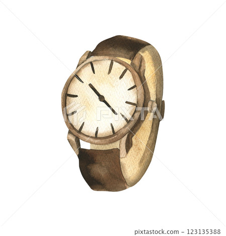 Leather brown wrist watch watercolor illustration. Hand drawn gentlemen style clock clipart, vintage hipster hand accessories for fashion booklet, poster, product packing, label, logo design 123135388