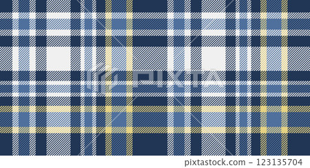 Classic navy blue, white, and yellow tartan plaid pattern in a seamless design. 123135704