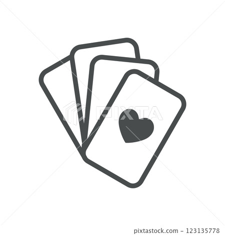 Playing Cards Icon. Thin Line Illustration of Fanned Poker Deck with Heart Suit, Symbolizing Gambling, Strategy, and Luck. Isolated Outline Vector Sign. 123135778