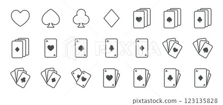 Playing Cards Icons. Set of minimal linear icons featuring heart, spade, club, diamond suits aces, all card fans, and card decks. Perfect for casino, poker, and gambling graphics. Vector illustration. Playing Cards Icons. Set of minimal linear icons featuring heart, spade, club, diamond suits aces, all card fans, and card decks. Perfect for casino, poker, and gambling graphics. Vector illustration. 123135828