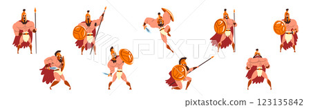 Man Gladiator as Roman Warrior Character in Armor with Shield Vector Set 123135842