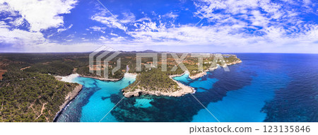 Spain summer destinations. Mallorca island , best beaches, Beautiful S'Amarador, park Mondrago near Santanyi. aerial drone panoramic view. 123135846