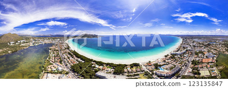 Mallorca (Majorca) Balearic island of Spain. Best scenic beaches - Alcudia in Pollenca bay northern part. Aerial panoramic view Mallorca (Majorca) Balearic island of Spain. Best scenic beaches - Alcudia in Pollenca bay northern part. Aerial panoramic view 123135847