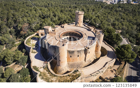 Mallorca (Majorca), Balearic Islands, Spain. high angle drone view of Bellver castle near the city of Palma de Mallorca 123135849